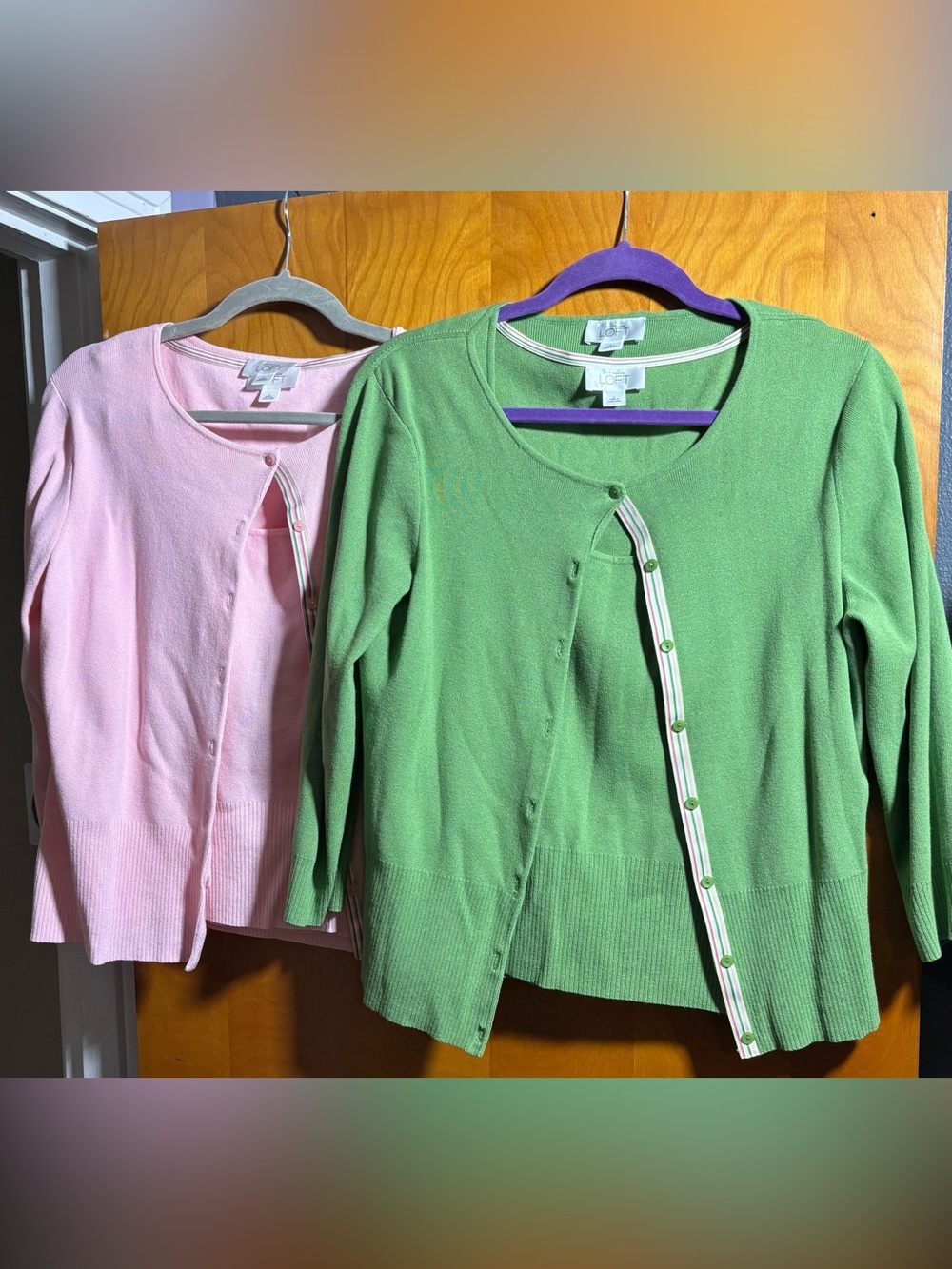 Ann Taylor LOFT Button-Front Cardigan Sets in Green & Pink, size Large